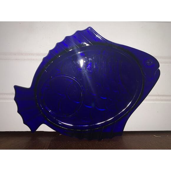 Vintage Cobalt Blue Fish Dish Snack Plate Missing Cup - Picture 2 of 3